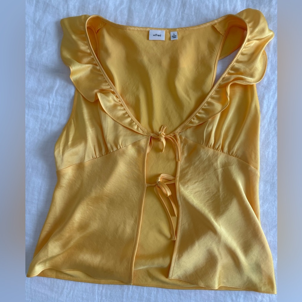 Aritzia Wilfred Tonka Satin Blouse Yellow Ruffled V-neck